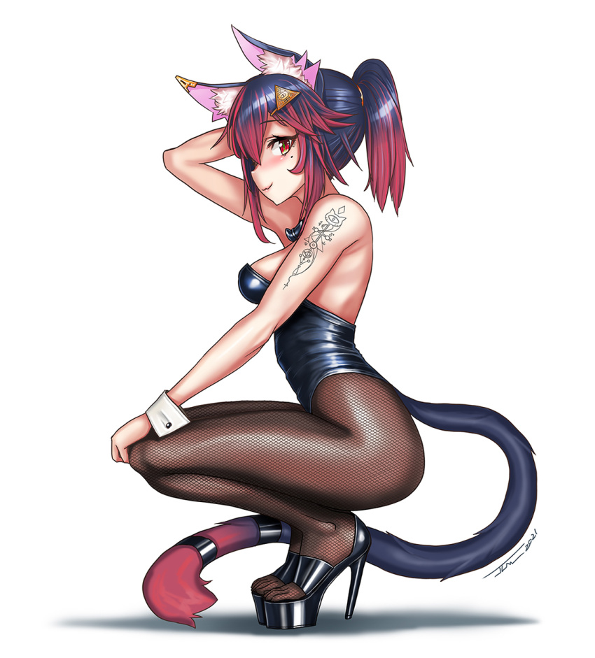 1girl, aiyu_yorumi, animal_ear_fluff, animal_ears, arm_behind_head, bare_arms, bare_shoulders, black_bow, black_bowtie, black_footwear, black_hair, black_leotard, blush, bow, bowtie, breasts, cat_ears, cat_girl, cat_tail, closed_mouth, commentary_request, eyelashes, fishnet_legwear, fishnets, hair_ornament, hand_on_own_thigh, high_heels, highres, indie_virtual_youtuber, jlm_(tc0658), leotard, looking_at_viewer, looking_to_the_side, mole, mole_under_eye, multicolored_hair, original, pantyhose, petite, platform_footwear, platform_heels, playboy_bunny, ponytail, red_eyes, redhead, shiny, shiny_hair, sideboob, signature, simple_background, slit_pupils, smile, squatting, strapless, strapless_leotard, streaked_hair, tail, tail_ornament, tail_ring, tattoo, two-tone_hair, virtual_youtuber, white_background, wrist_cuffs