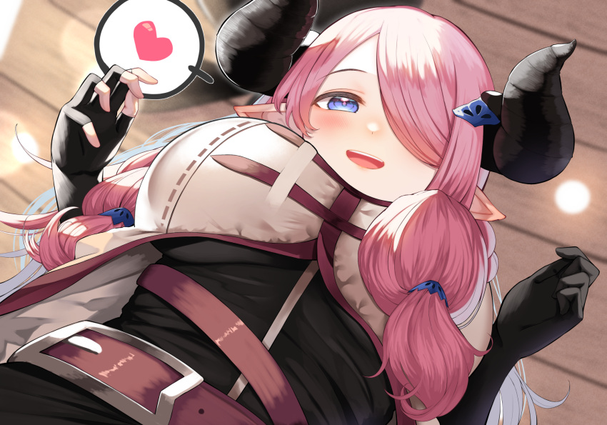 :d, asymmetrical_gloves, belt, black_gloves, blue_eyes, blush, breasts, draph