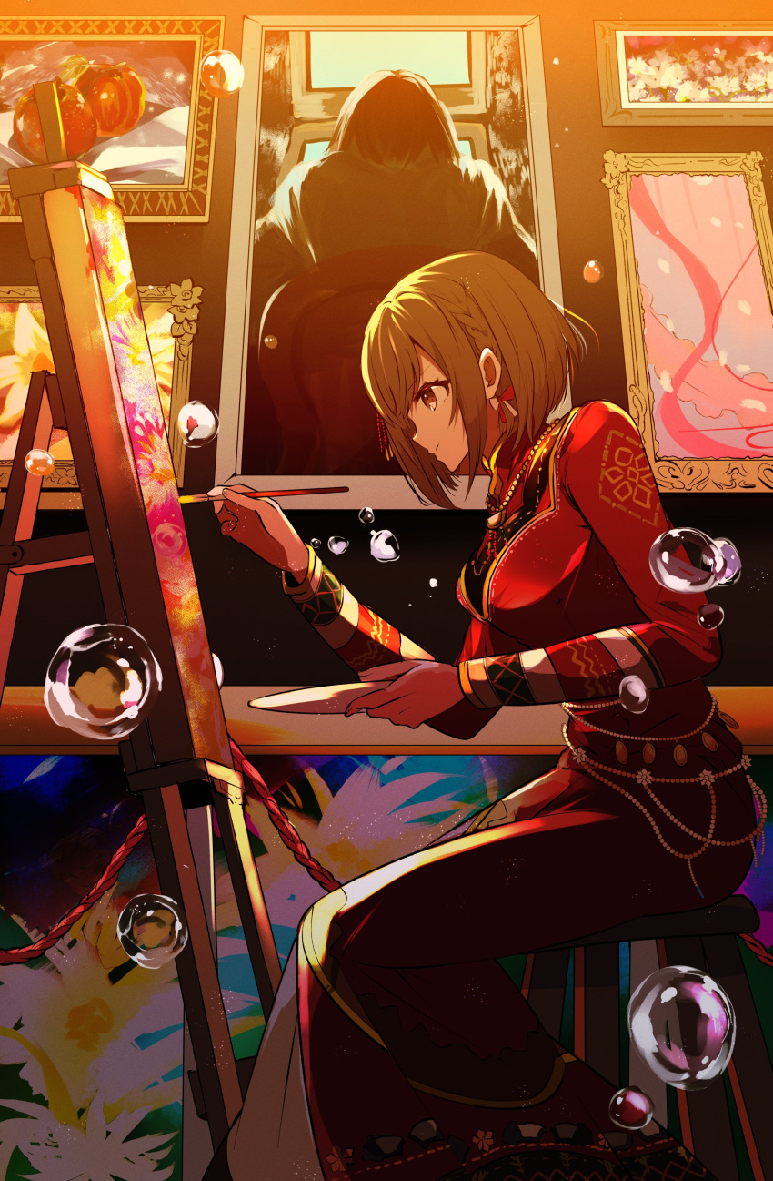 1girl, absurdres, braid, breasts, brown_eyes, brown_hair, bubble, easel