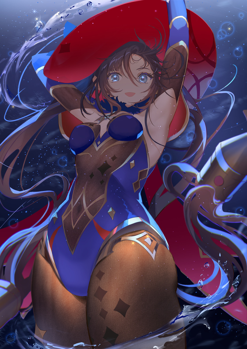 1girl, armpits, bangs, black_hair, blue_eyes, bodystocking, breasts, detached_sleeves