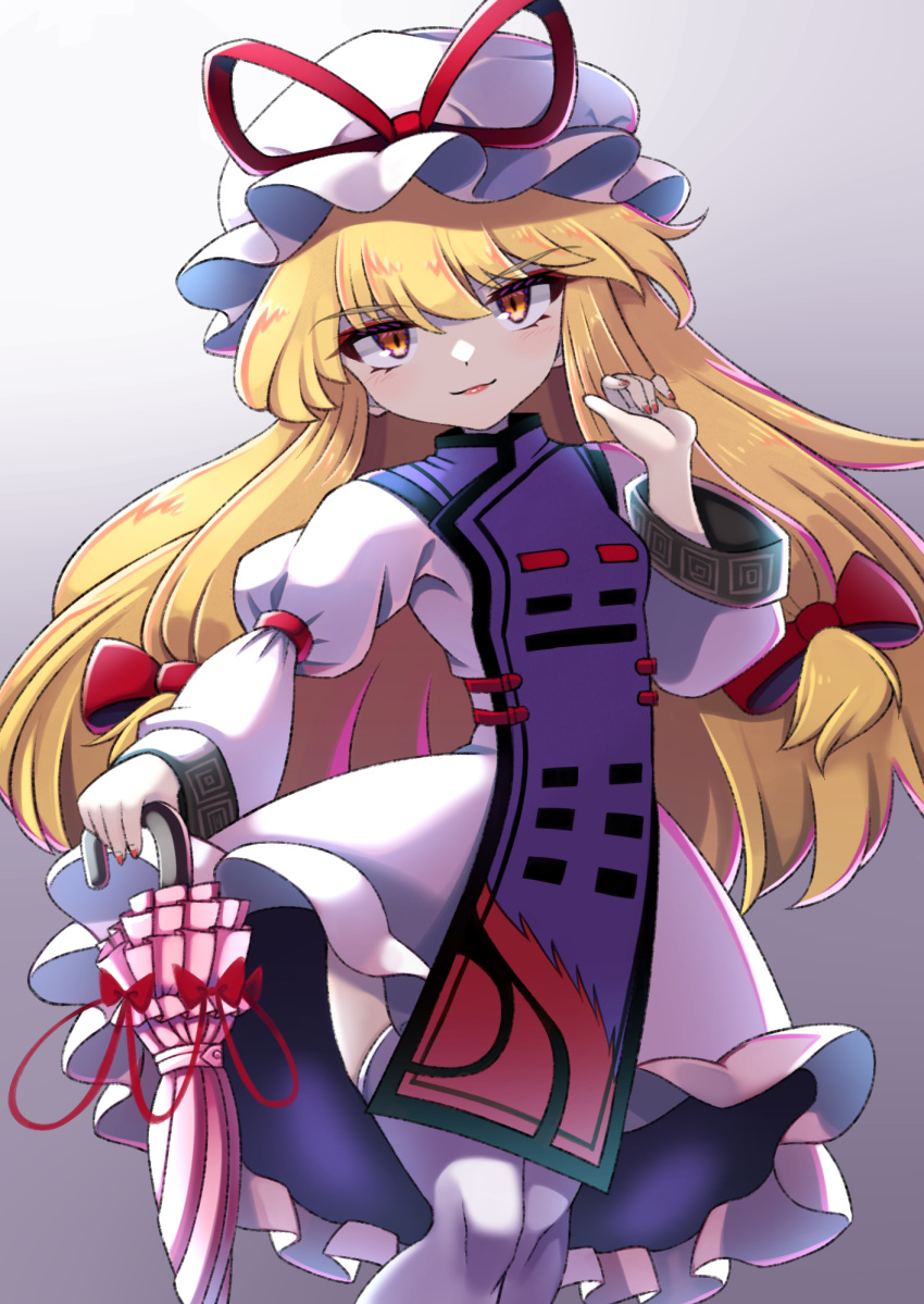 1girl, bangs, blonde_hair, bow, closed_umbrella, doku_yanagi, dress, eyebrows_visible_through_hair