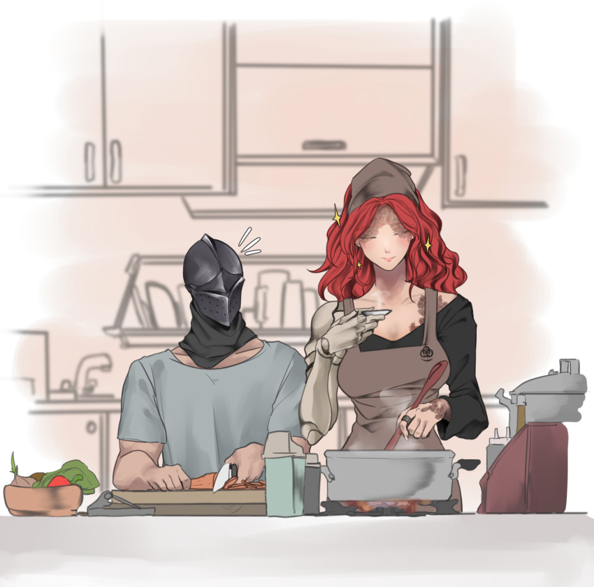 1boy, 1girl, amputee, apron, breasts, carrot, closed_eyes, collarbone, cooking, elden_ring, fire, great_rune_(elden_ring), highres, illip, indoors, jewelry, kitchen, knife, malenia_blade_of_miquella, mechanical_arms, medium_breasts, medium_hair, notice_lines, onion, pot, prosthesis, prosthetic_arm, redhead, ring, single_mechanical_arm, steam, stove, tall_female, tarnished_(elden_ring)