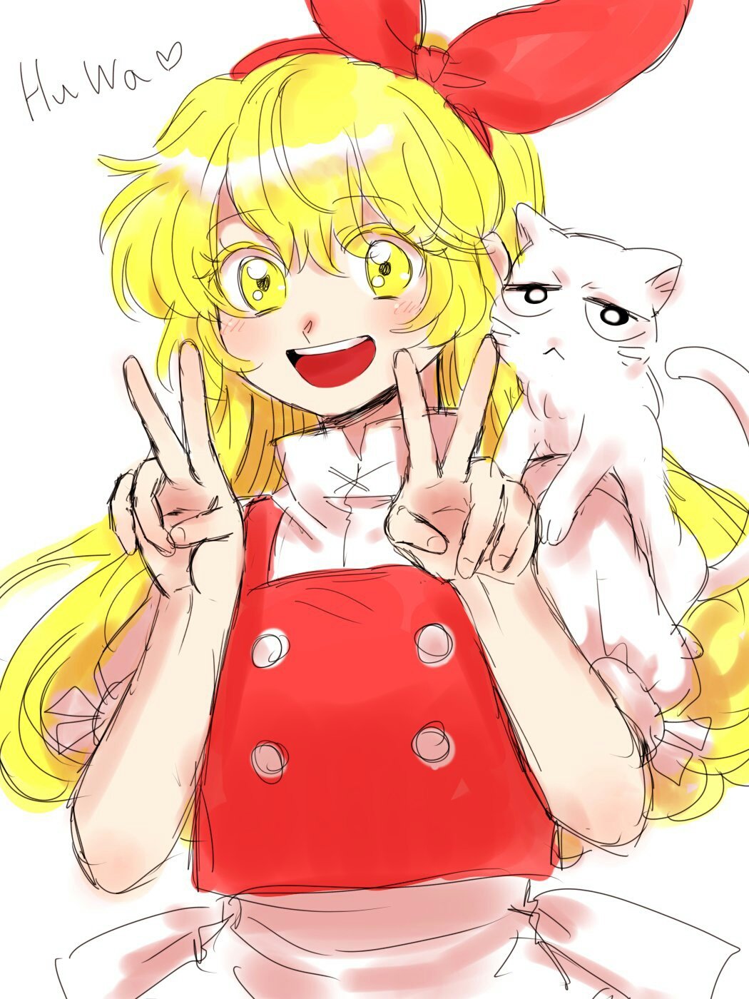 1boy, 1girl, animal_on_shoulder, apron, back_bow, bangs, blonde_hair, blush, bow, buttons, cat, cat_on_shoulder, commentary_request, curly_hair, double_v, ellen_(touhou), eyebrows_visible_through_hair, highres, kuya_(hey36253625), long_hair, open_mouth, puffy_short_sleeves, puffy_sleeves, red_bow, red_vest, shirt, short_sleeves, simple_background, sketch, sokrates_(touhou), teeth, touhou, touhou_(pc-98), upper_body, upper_teeth, v, very_long_hair, vest, waist_apron, white_apron, white_background, white_bow, white_cat, white_shirt, yellow_eyes