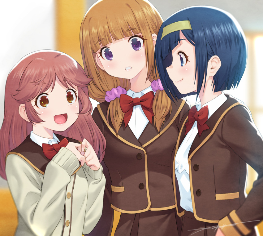 3girls, :d, blue_eyes, blue_hair, bow, bowtie, brown_eyes, brown_hair