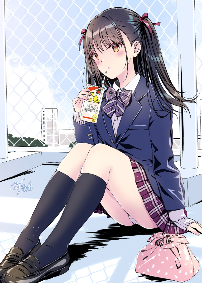 1girl, black_hair, black_legwear, blush, bottle, bow, bowtie, formal