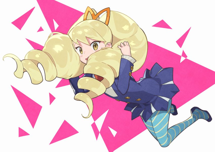 1girl, bangs, big_hair, blonde_hair, blue_legwear, blush, capcom, drill_hair