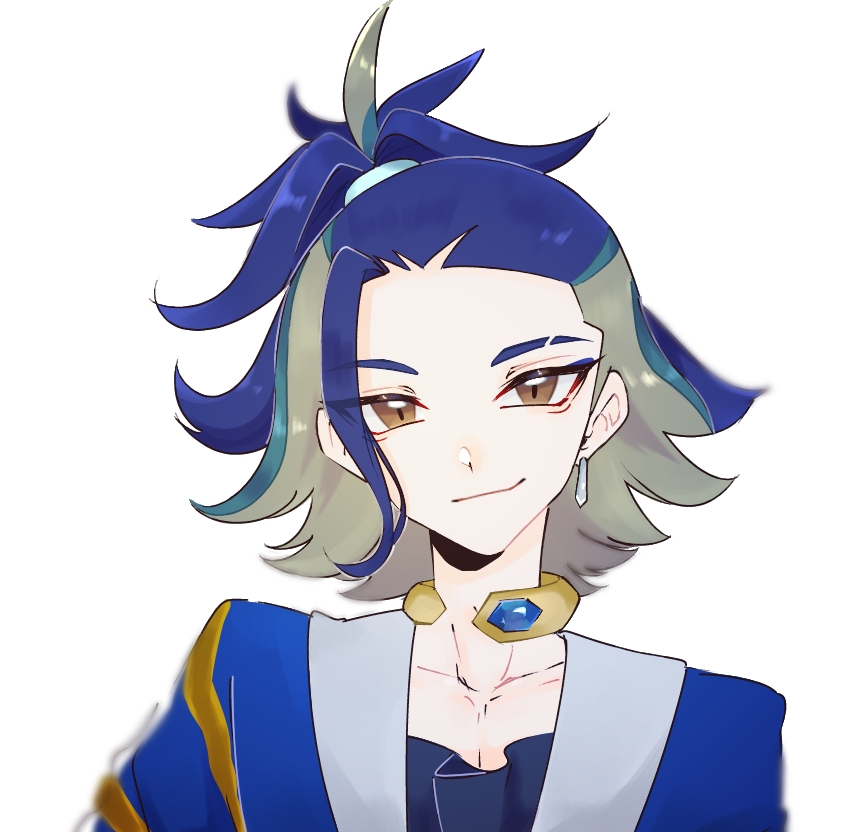 1boy, adaman_(pokemon), blue_gemstone, blue_hair, blue_jacket, blue_shirt, blurry, brown_eyes, closed_mouth, collarbone, commentary_request, earrings, eyebrow_cut, forehead, gem, green_hair, hair_tie, happy, head_tilt, high_ponytail, jacket, jewelry, looking_at_viewer, male_focus, multicolored_hair, neck_ring, osenchurii, pectoral_cleavage, pectorals, pokemon, pokemon_(game), pokemon_legends:_arceus, shirt, simple_background, single_earring, smile, solo, straight-on, upper_body, white_background