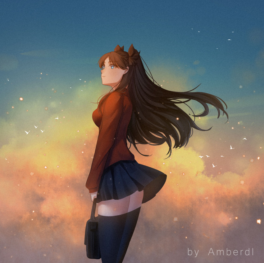 1girl, amberdl, black_hair, black_legwear, black_ribbon, black_skirt, blue_eyes, fate/stay_night, fate_(series), hair_ribbon, highres, long_hair, long_sleeves, miniskirt, outdoors, pleated_skirt, red_sweater, ribbon, skirt, solo, standing, sweater, thigh-highs, tohsaka_rin, two_side_up, zettai_ryouiki