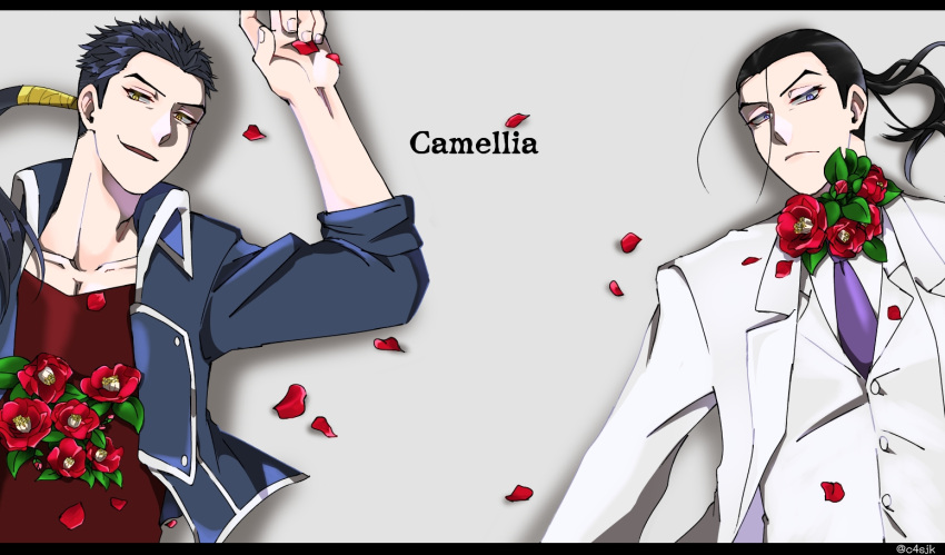 2boys, arm_up, artist_name, black_hair, blue_eyes, blue_jacket, camellia, closed_mouth, collarbone, commentary_request, dual_persona, english_text, flower, forehead, formal, fullmetal_alchemist, grey_background, half-closed_eyes, happy, high_collar, jacket, letterboxed, long_hair, looking_at_viewer, lying, male_focus, multiple_boys, necktie, on_back, open_clothes, open_jacket, open_mouth, osenchurii, pectoral_cleavage, pectorals, petals, ponytail, purple_necktie, red_flower, red_shirt, shirt, simple_background, smile, solf_j._kimblee, suit, twitter_username, upper_body, v-shaped_eyebrows, vest, watermark, white_jacket, white_shirt, white_suit, white_vest, yellow_eyes