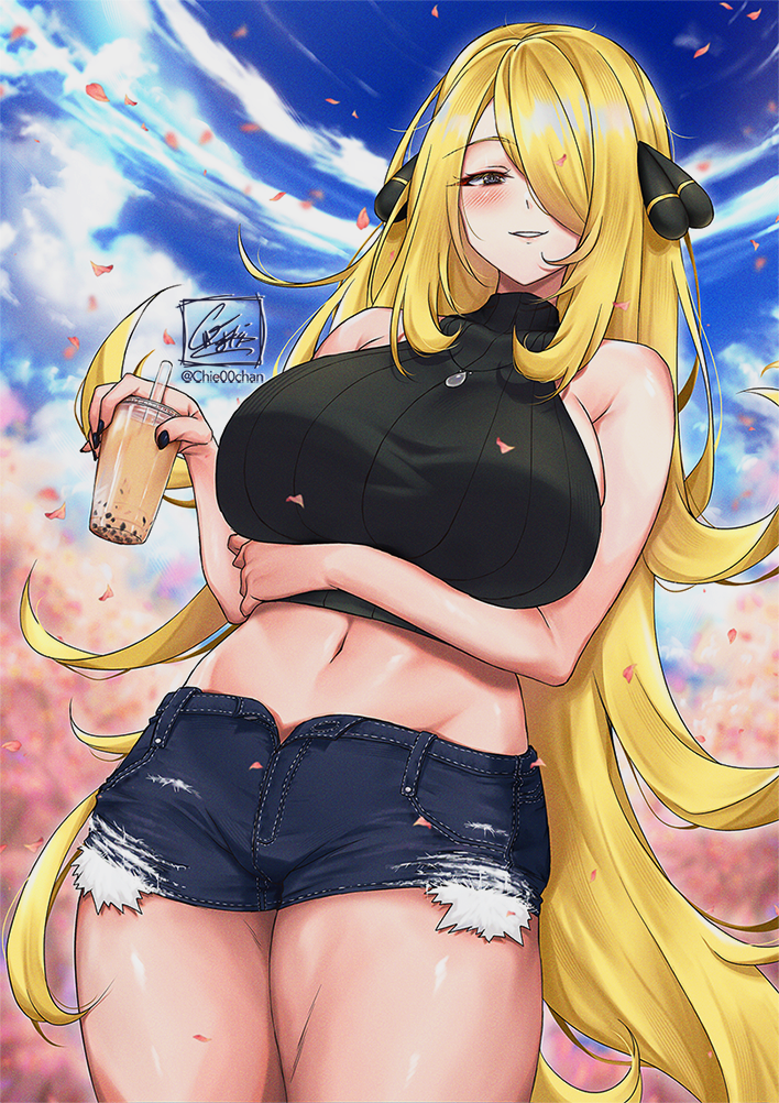 1girl, arm_under_breasts, bare_shoulders, black_shirt, blonde_hair, blue_eyes, blush, breasts