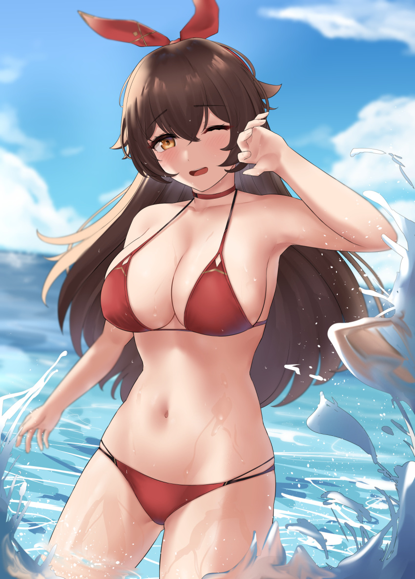 1girl, alternate_costume, amber_(genshin_impact), bangs, bikini, blue_sky, blush, breasts
