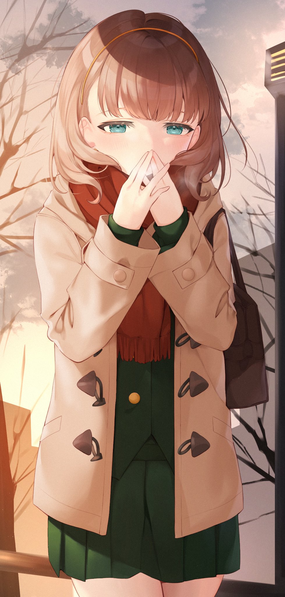 1girl, blazer, breath, brown_coat, brown_hair, coat, cold, covered_mouth