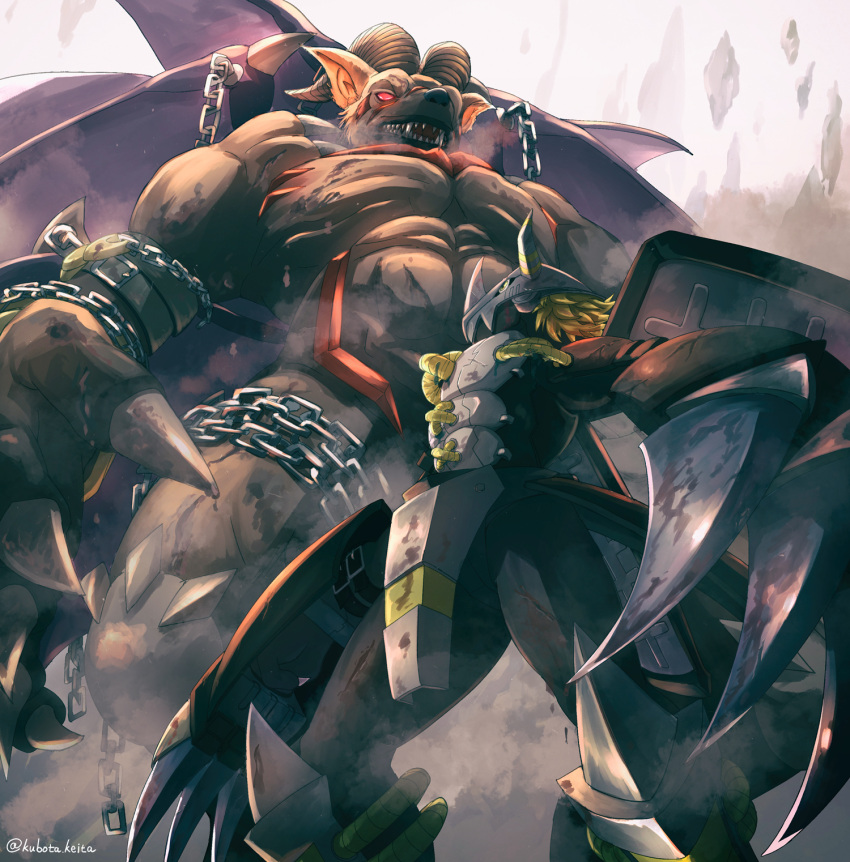 armor, artist_name, belphemon, blackwargreymon, blonde_hair, chain, claws, commentary