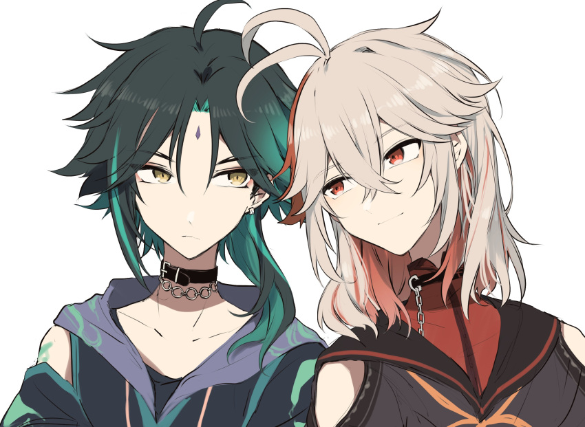 2boys, ahoge, alternate_costume, antenna_hair, arm_tattoo, bangs, black_choker, black_hair