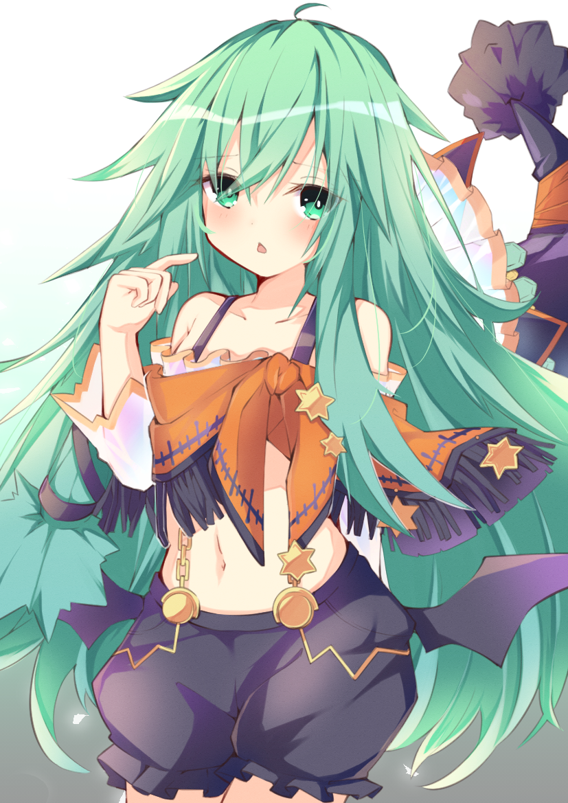 1girl, arm_behind_back, bare_shoulders, black_shorts, blush, chain, cowboy_shot, crop_top