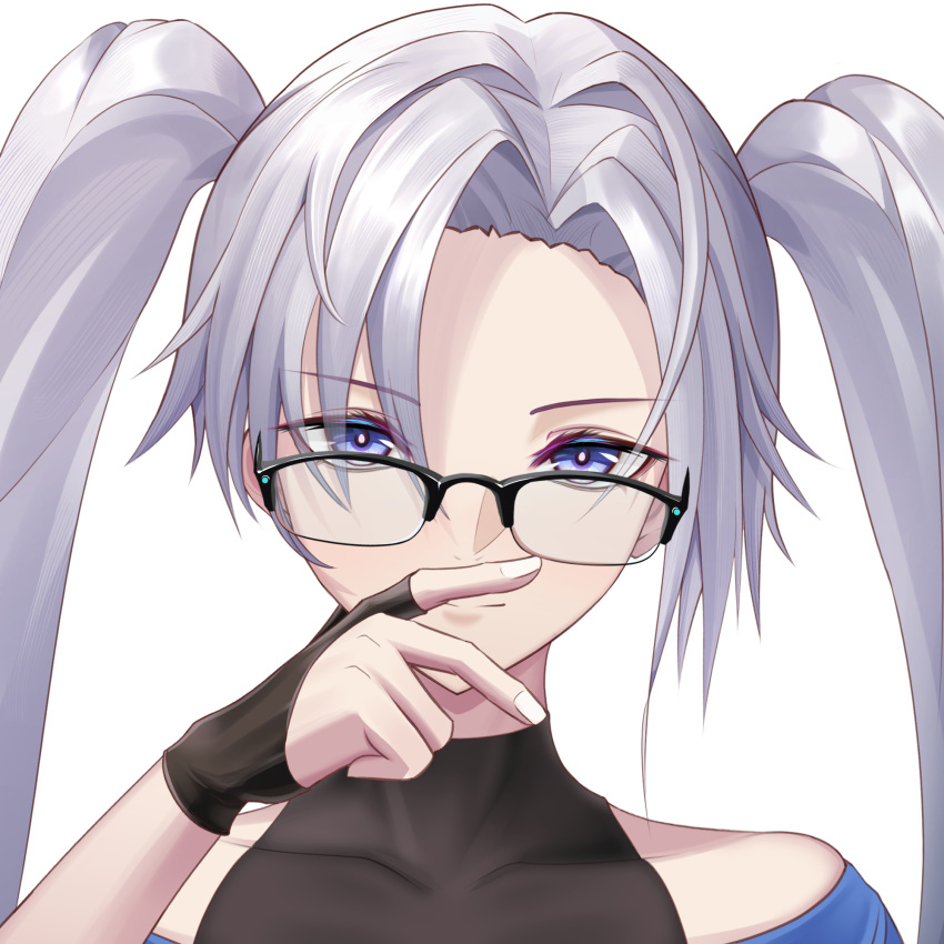1girl, bare_shoulders, black_gloves, blue_eyes, bodystocking, chinese_commentary, closed_mouth, collarbone