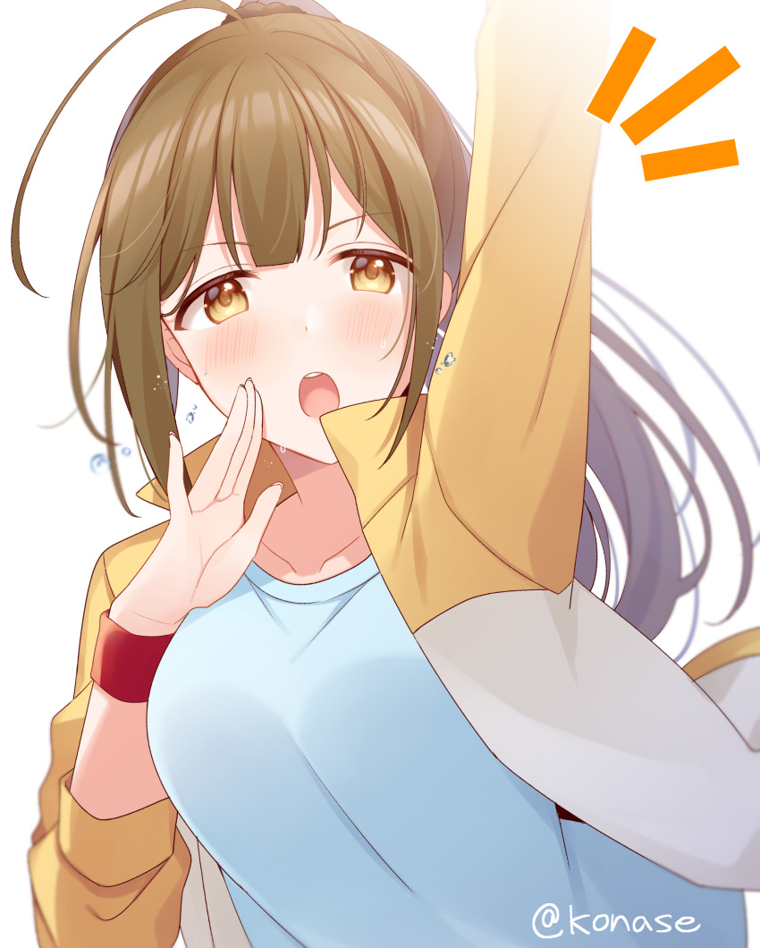 1girl, ahoge, arm_up, bangs, breast_grab, breasts, brown_hair, collarbone