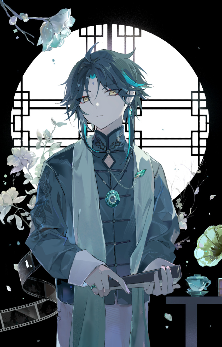 1boy, alternate_costume, aqua_hair, bangs, black_hair, chinese_clothes, closed_mouth, cup
