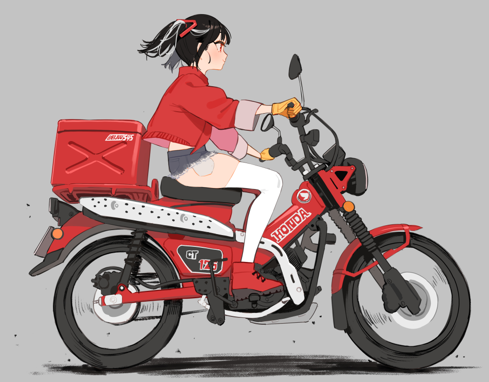 1girl, beijuu, beni-chan_(beijuu), black_hair, denim, denim_shorts, from_side, gloves, grey_background, ground_vehicle, honda, honda_ct125, jacket, long_sleeves, motor_vehicle, motorcycle, multicolored_hair, on_motorcycle, original, red_jacket, riding, short_shorts, shorts, simple_background, solo, streaked_hair, thigh-highs, twintails, white_hair, white_legwear, wide_sleeves, yellow_gloves