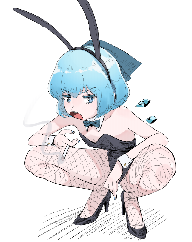 1girl, :o, animal_ears, bangs, black_footwear, black_legwear, black_leotard, blue_bow