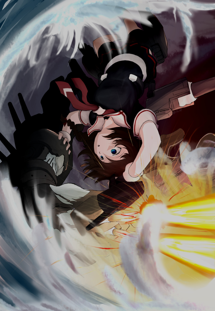 2girls, abyssal_ship, adapted_turret, ahoge, black_gloves, black_hair, black_serafuku, black_shirt