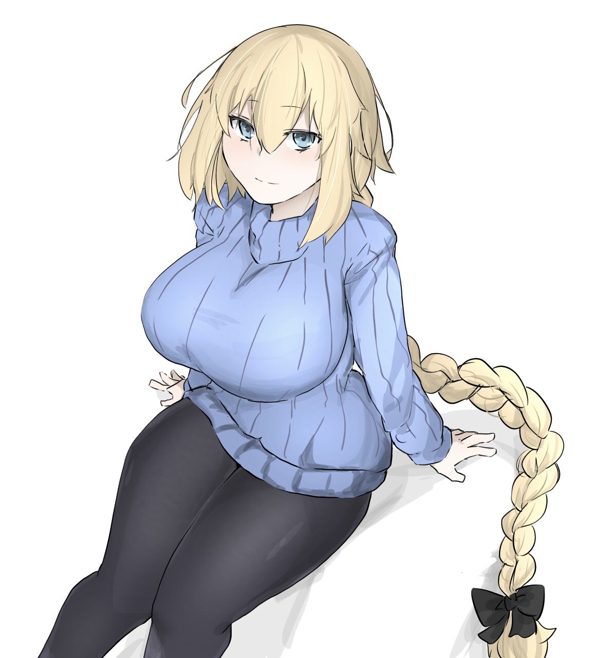 1girl, black_legwear, blonde_hair, blue_eyes, blue_sweater, bow, braid, braided_ponytail