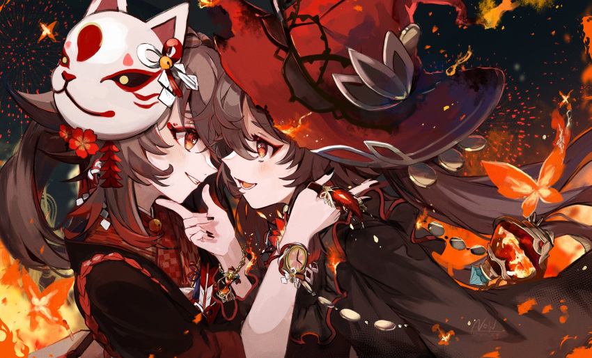 2girls, artifact_(genshin_impact), bangs, black_nails, brown_cape, brown_hair, brown_jacket, bug, butterfly, cape, commentary, dual_persona, feathers, fire, flower, fox_mask, genshin_impact, hair_flaps, hair_flower, hair_ornament, haori, highres, hu_tao_(genshin_impact), jacket, japanese_clothes, kimono, long_hair, long_sleeves, looking_at_another, mask, mask_on_head, multiple_girls, new_gnsn, red_eyes, red_flower, red_headwear, red_kimono, shide, sidelocks, twintails, upper_body, very_long_hair, watch, watch, wide_sleeves