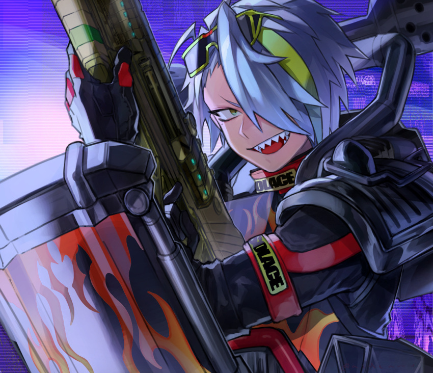 1boy, apex_legends, blazin'_hot_gibraltar, cosplay, demon-za, energy_gun, eyewear_on_head, flame_print