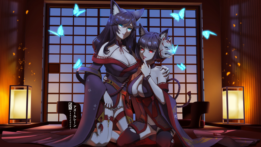 2girls, absurdres, animal_ears, artist_name, azur_lane, bangs, black_hair, black_kimono, black_legwear, blue_eyes, breasts, bug, butterfly, cat_ears, cat_girl, copyright_name, finger_to_mouth, fox_mask, fusou_(azur_lane), fusou_(meta)_(azur_lane), highres, indoors, japanese_clothes, kashenori, kimono, large_breasts, licking, licking_finger, long_hair, looking_at_viewer, mask, mask_on_head, multiple_girls, off-shoulder_kimono, red_eyes, red_nails, short_hair, shouji, signature, sliding_doors, thigh-highs, tongue, tongue_out, white_legwear, wide_sleeves, yamashiro_(azur_lane), yamashiro_(meta)_(azur_lane)