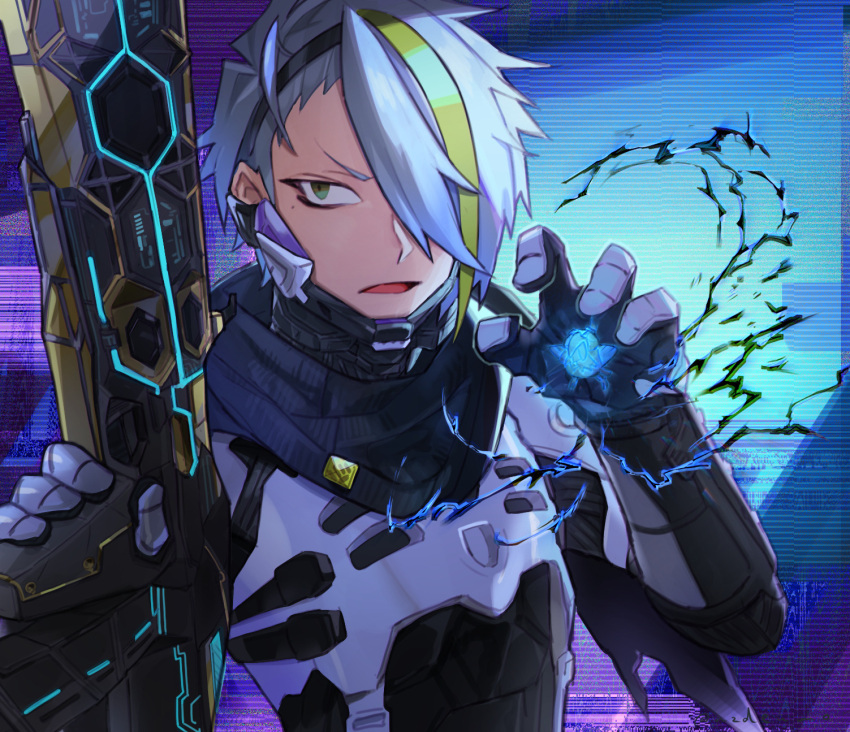 1boy, apex_legends, armor, assault_rifle, black_scarf, blonde_hair, cosplay, demon-za