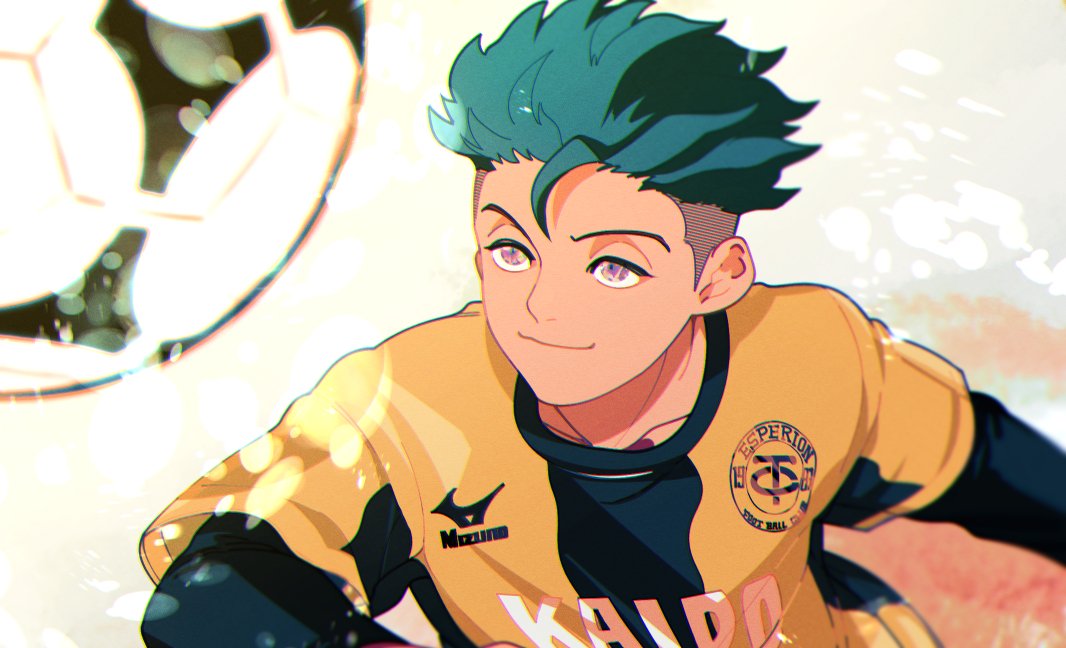 1boy, ao_ashi, ball, day, green_hair, ika_choco, light_smile, male_focus