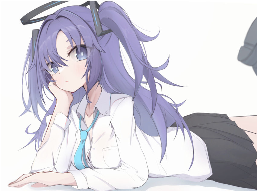 1girl, black_skirt, blue_archive, blue_necktie, breasts, eyebrows_visible_through_hair, hair_between_eyes, hair_ornament