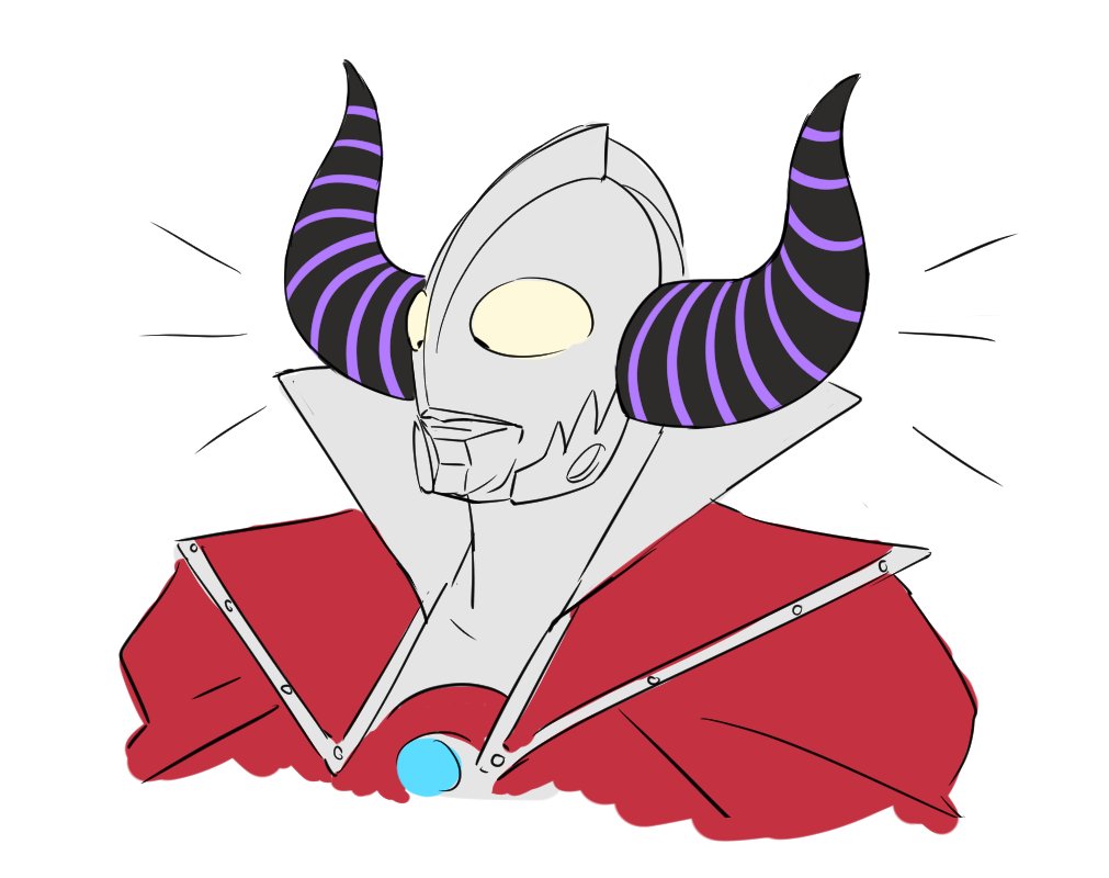 1boy, alien, cape, cosplay, hololive, horns, la+_darknesss, la+_darknesss_(cosplay), looking_up, no_humans, parody, projectorzero, red_cape, sketch, solo, tokusatsu, trait_connection, ultra_father, ultra_series, virtual_youtuber, white_background, yellow_eyes