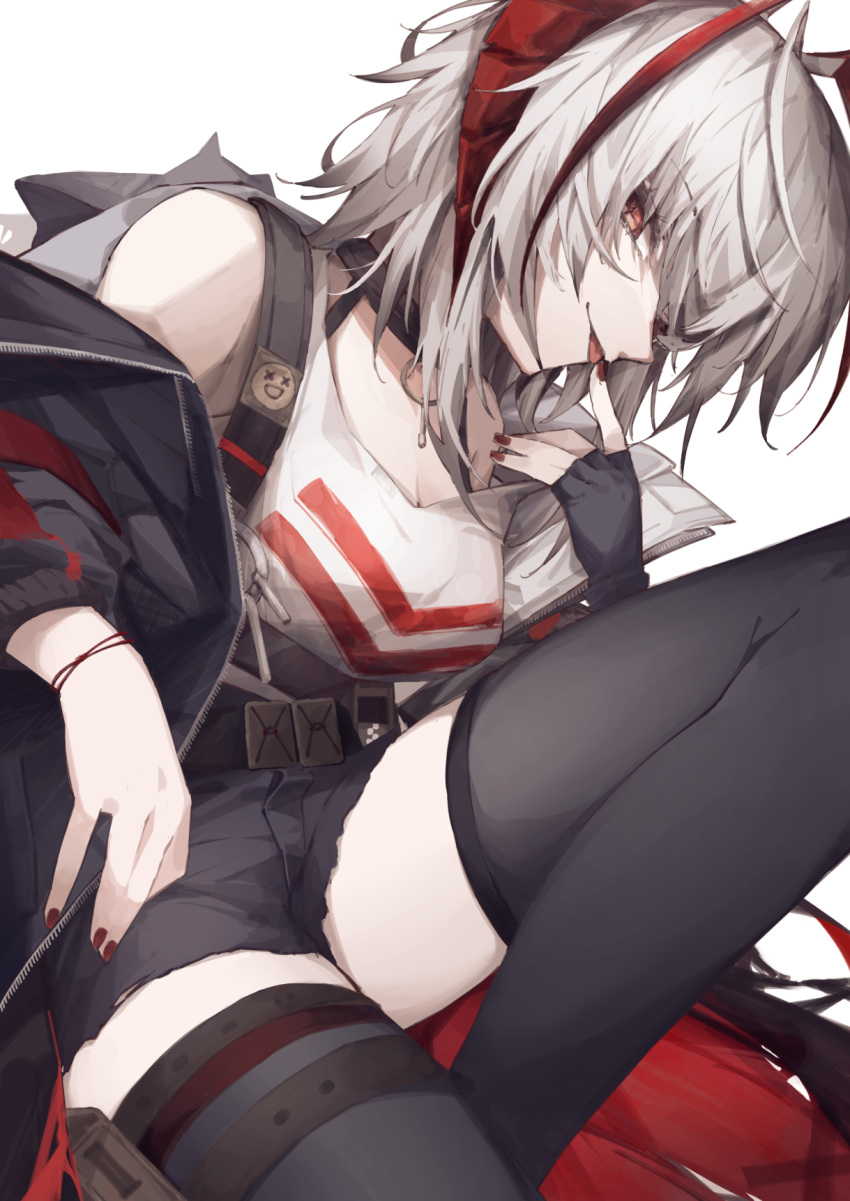1girl, :p, ankoro_mochi, arknights, bangs, bare_shoulders, black_choker, black_gloves, black_jacket, black_legwear, black_shorts, choker, eyebrows_visible_through_hair, fingerless_gloves, gloves, highres, horns, jacket, looking_at_viewer, nail_polish, off_shoulder, official_alternate_costume, open_clothes, open_jacket, red_eyes, red_nails, shirt, short_hair, short_shorts, shorts, simple_background, sleeveless, sleeveless_shirt, smile, solo, thigh-highs, thighs, tongue, tongue_out, w_(arknights), white_background, white_hair, white_shirt