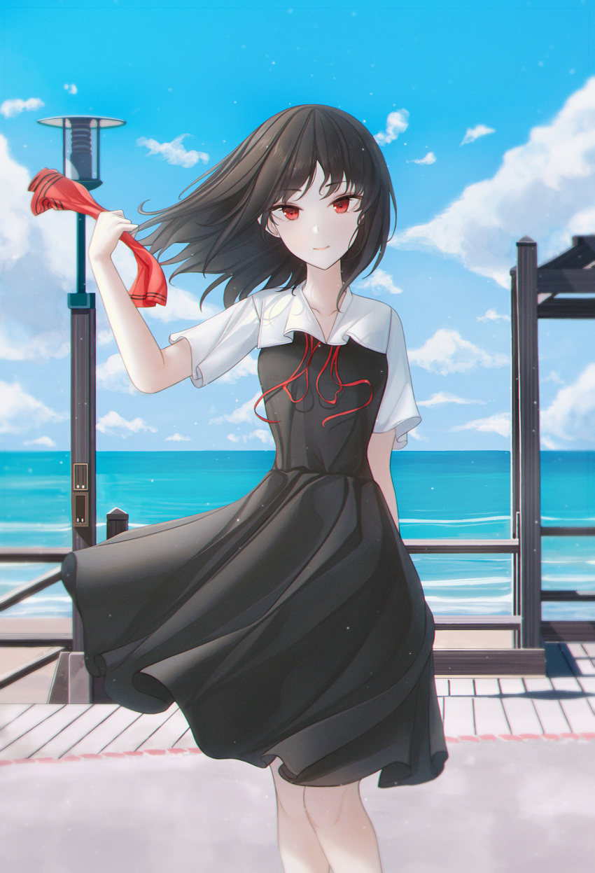 1girl, bangs, black_dress, black_hair, blue_sky, clouds, collarbone, commentary_request, day, dress, eyebrows_visible_through_hair, feet_out_of_frame, hair_ribbon, highres, kaguya-sama_wa_kokurasetai_~tensai-tachi_no_renai_zunousen~, looking_at_viewer, no_hair_ornament, ocean, outdoors, pinafore_dress, red_eyes, red_ribbon, ribbon, shinomiya_kaguya, short_sleeves, shuuchiin_academy_uniform, sky, smile, solo, summer_uniform, untied_ribbon, youngsok