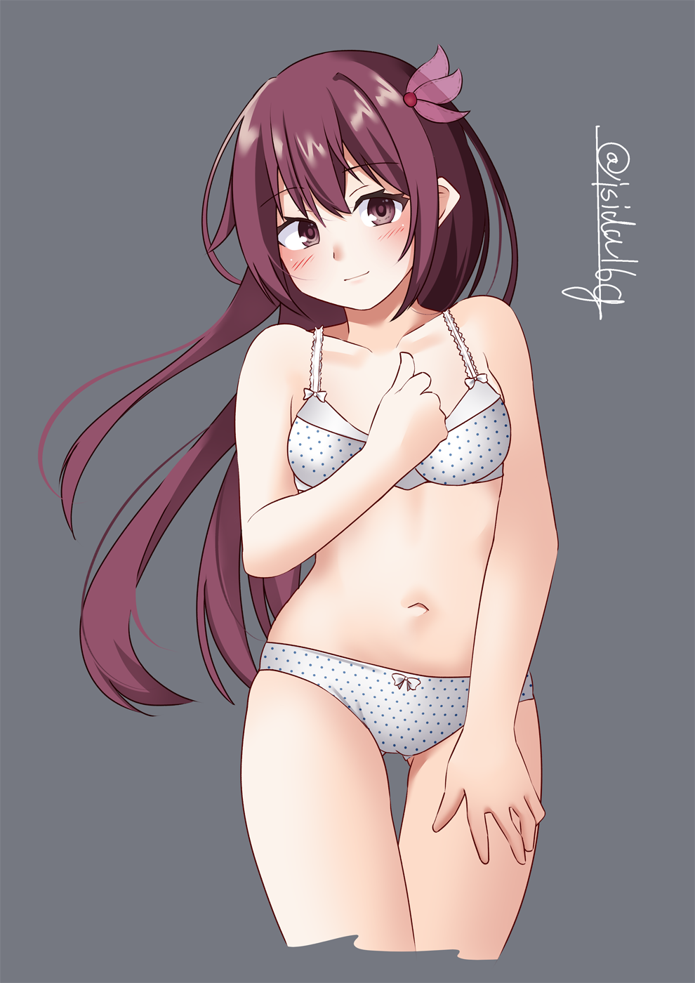1girl, bra, breasts, brown_eyes, brown_hair, collarbone, cowboy_shot, cropped_legs, eyebrows_visible_through_hair, grey_background, hair_between_eyes, hair_ornament, highres, ishida_arata, kantai_collection, kisaragi_(kancolle), long_hair, looking_at_viewer, navel, panties, polka_dot, polka_dot_bra, polka_dot_panties, shirt, simple_background, small_breasts, smile, solo, thigh_gap, twitter_username, underwear, underwear_only, white_bra, white_panties, white_shirt