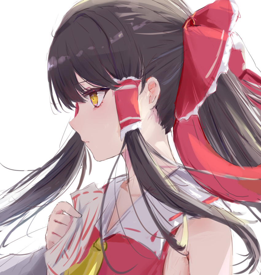 1girl, absurdres, ascot, bare_shoulders, bow, brown_hair, collar, floating_hair