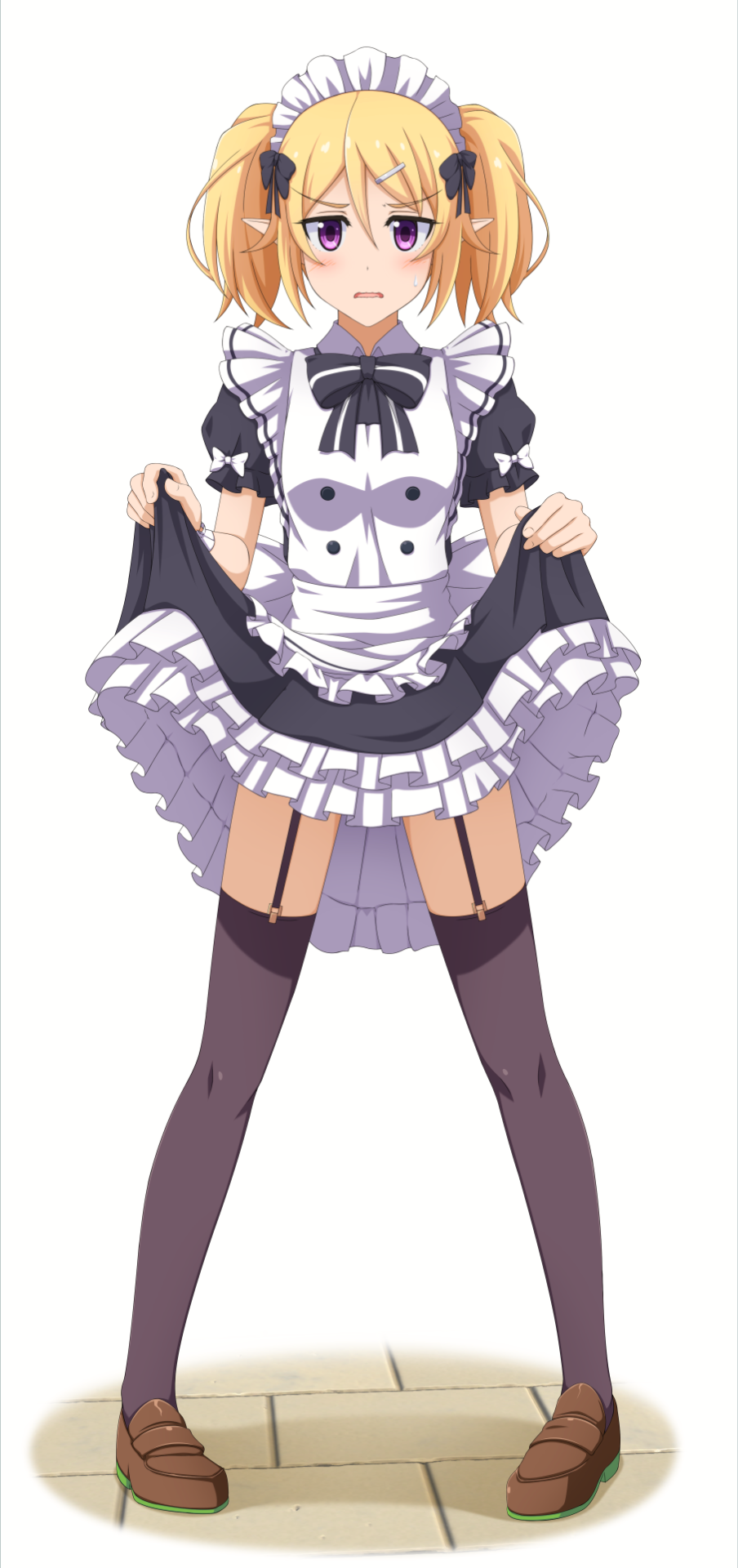 1girl, alternate_costume, apron, black_bow, black_legwear, black_sleeves, blonde_hair, bow, brown_footwear, chloe_(princess_connect!), commentary, dress, eyebrows_visible_through_hair, facing_viewer, forehead, frilled_dress, frilled_sleeves, frills, full_body, garter_straps, hair_between_eyes, hair_ornament, hair_ribbon, hairclip, highres, ishida_seito, legs_apart, lifted_by_self, looking_at_viewer, maid_apron, maid_headdress, open_mouth, pointy_ears, princess_connect!, puffy_short_sleeves, puffy_sleeves, ribbon, shadow, short_hair, short_sleeves, short_twintails, simple_background, solo, standing, striped, striped_bow, thigh-highs, tile_floor, tiles, twintails, v-shaped_eyebrows, violet_eyes, white_apron, white_background, white_bow, wrist_cuffs