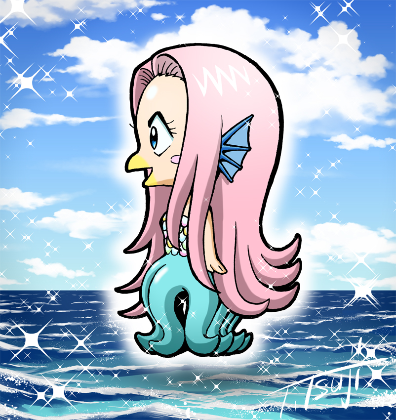 1girl, amabie, colored_skin, from_side, hair_intakes, long_hair, ocean, pink_hair