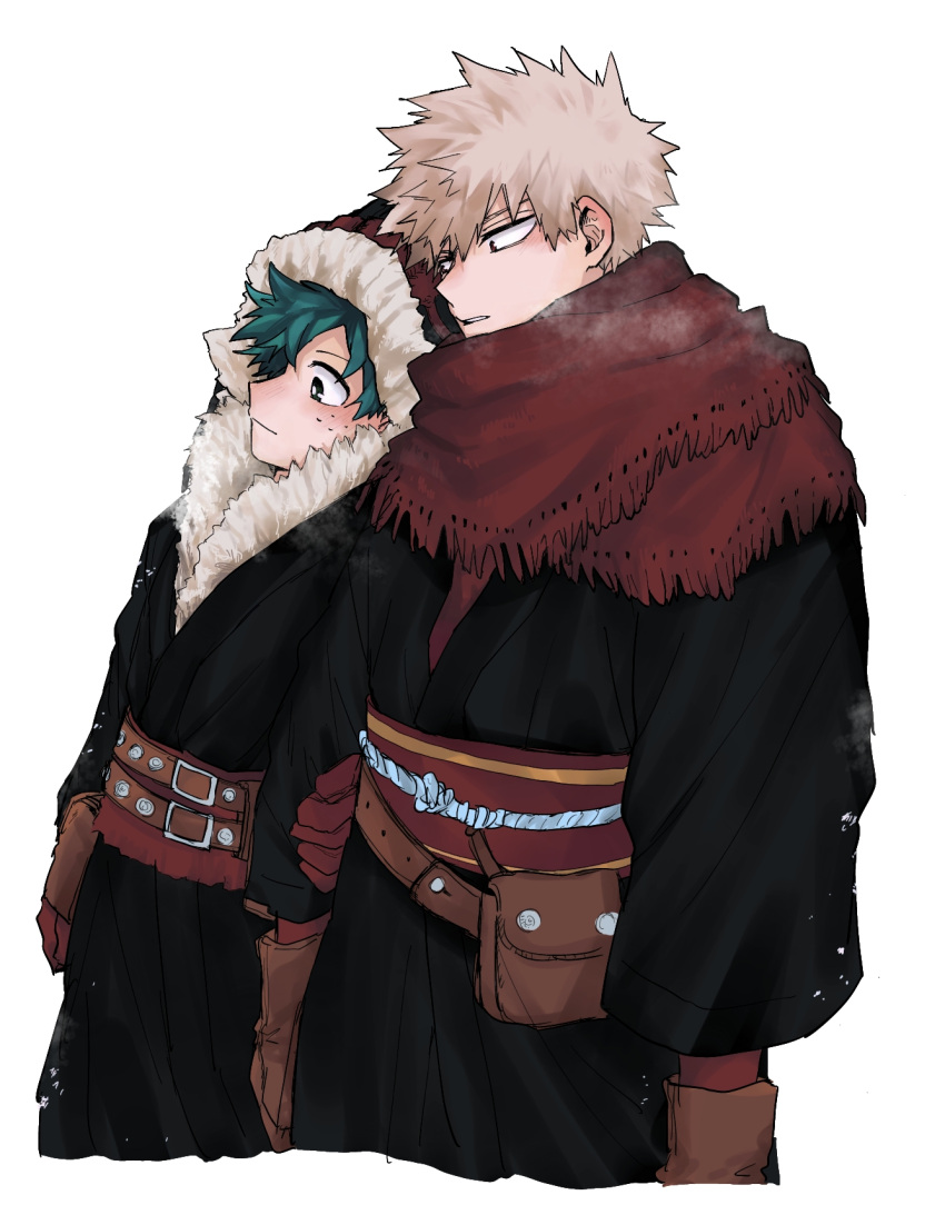 2boys, arm_grab, bakugou_katsuki, belt, black_coat, blonde_hair, boku_no_hero_academia, brown_belt