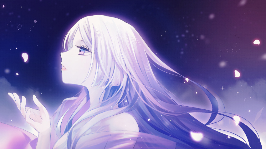 annerica, colored_skin, from_side, glowing, gradient_hair, hand_up, highres, long_hair