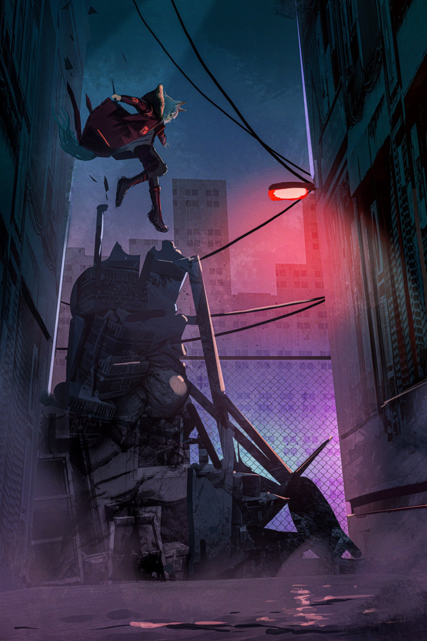 1girl, alley, animal_ears, arknights, black_pants, boots, building, chain-link_fence