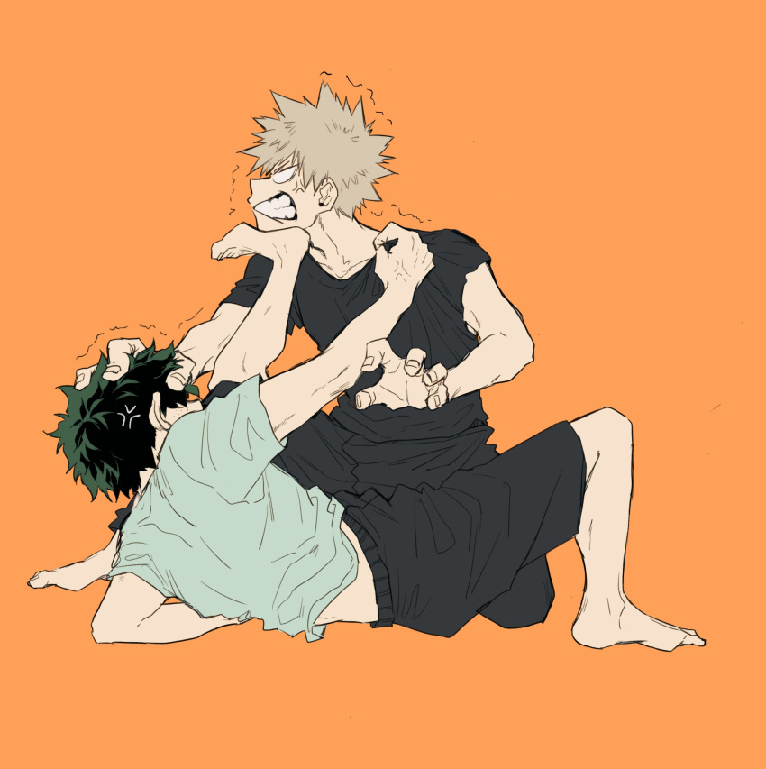 2boys, anger_vein, angry, bakugou_katsuki, black_shirt, black_shorts, blank_eyes, blonde_hair, blue_shirt, boku_no_hero_academia, fighting, green_hair, head_grab, highres, male_focus, midoriya_izuku, multiple_boys, one_knee, orange_background, shirt, shorts, simple_background, spiky_hair, t-shirt, tanuki_happa, teeth
