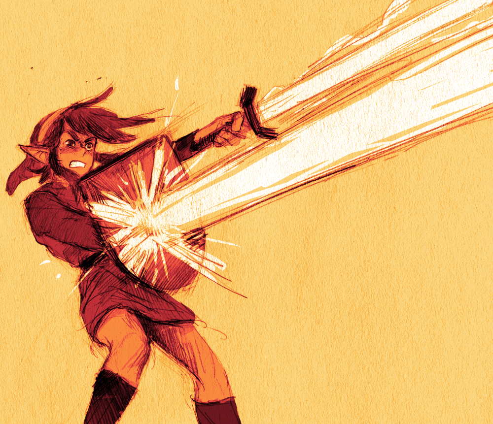 1boy, bangs, beam, belt, clenched_teeth, headgear, holding, holding_shield, holding_sword, holding_weapon, link, long_bangs, male_focus, monochrome, outstretched_arm, pointy_ears, rvsa, shield, sketch, solo, sword, teeth, the_legend_of_zelda, tunic, weapon, wince