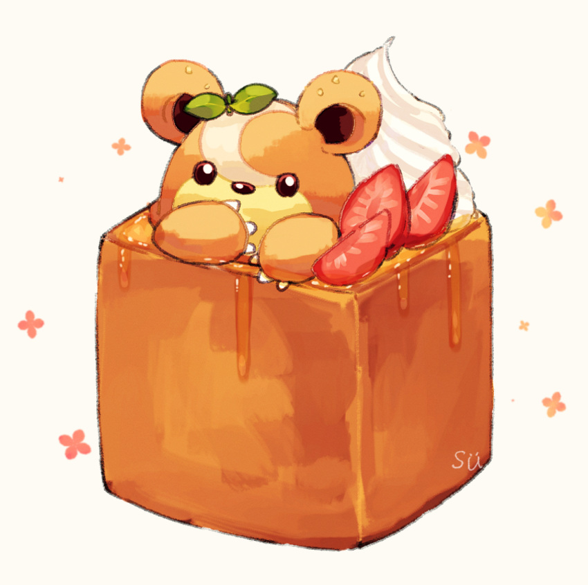 brown_eyes, claws, commentary_request, food, honey, honey_toast, leaf, looking_at_viewer, no_humans, pokemon, pokemon_(creature), solo, strawberry_slice, su_(sajo_su5), teddiursa, toast, white_background