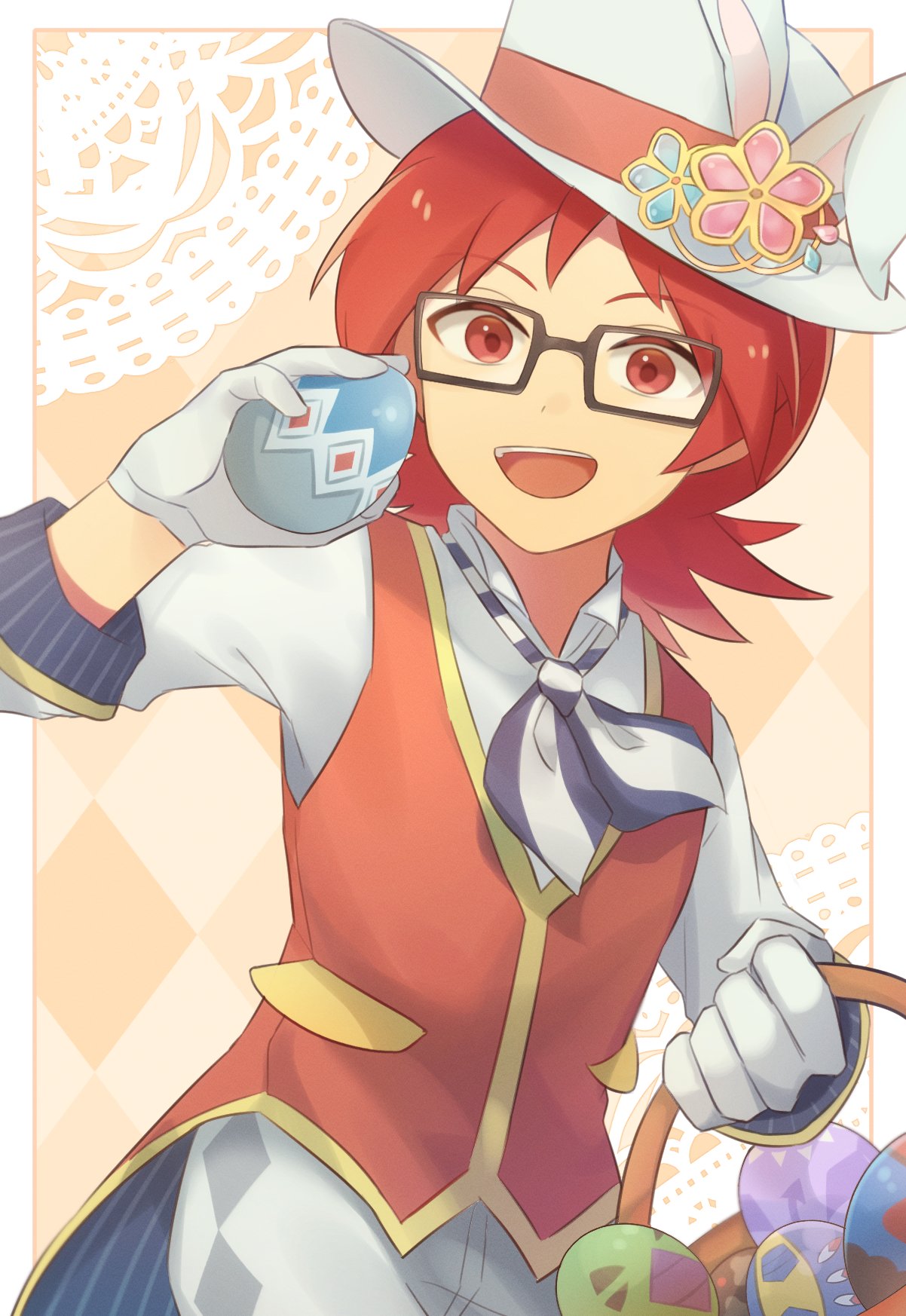 1boy, :d, alternate_costume, bangs, basket, black-framed_eyewear, commentary_request, easter