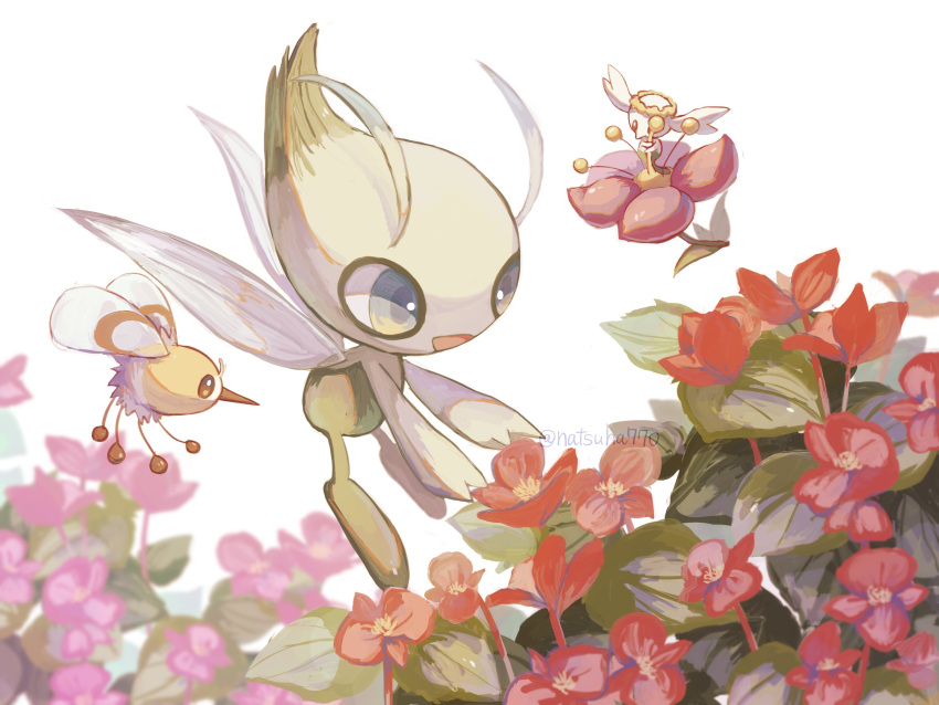 :d, celebi, commentary_request, cutiefly, flabebe, flabebe_(red), flower, happy, highres, natsuha770, no_humans, open_mouth, pokemon, pokemon_(creature), purple_flower, red_flower, smile, tongue, twitter_username, watermark, white_background