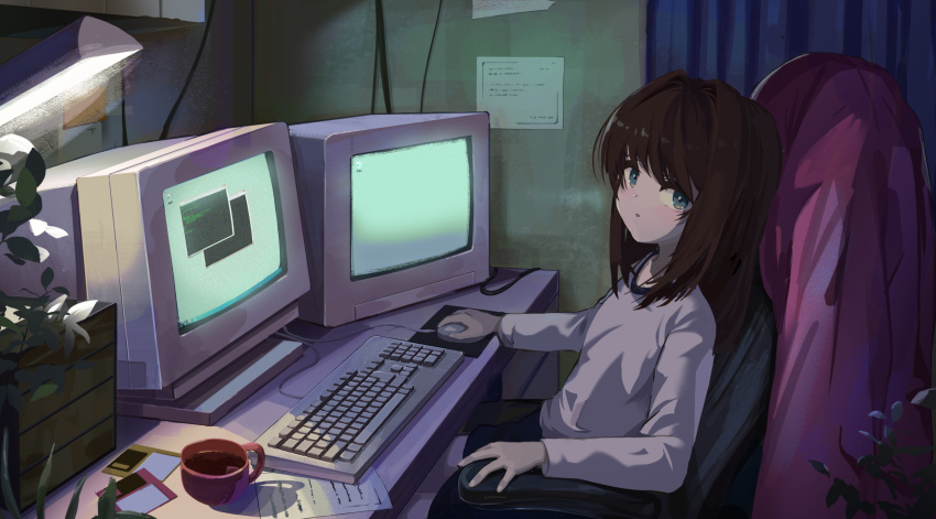 1girl, :o, at_computer, bangs, blue_curtain, brown_hair, chair, crt, cup, curtains, desk, desk_lamp, english_commentary, floppy_disk, from_side, grey_eyes, grey_shirt, hair_intakes, highres, indoors, keyboard_(computer), kgt_(pixiv12957613), lamp, long_hair, long_sleeves, looking_at_viewer, mouse_(computer), office_chair, open_mouth, original, paper, plant, potted_plant, revision, shirt, shorts, sitting, solo