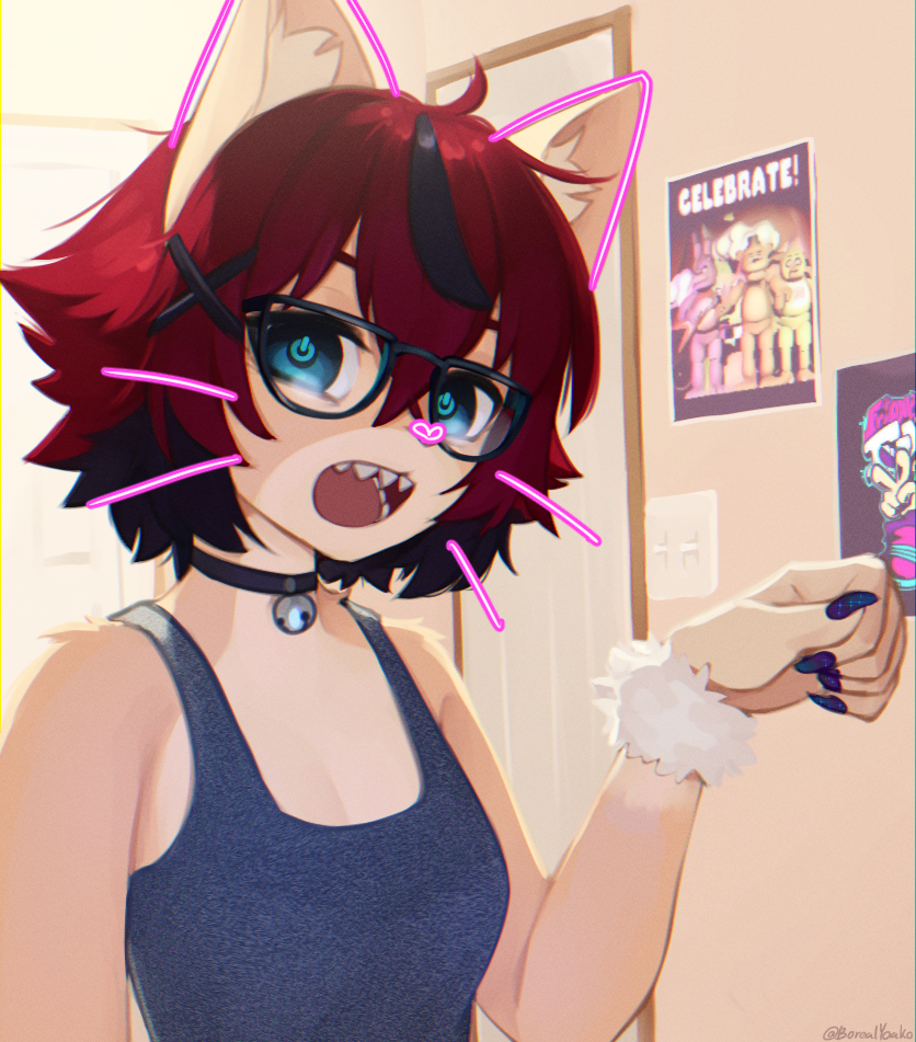 1girl, aeiou_(yoako), animal_ears, bell, black-framed_eyewear, black_choker, bonnie_(fnaf), cat_ears