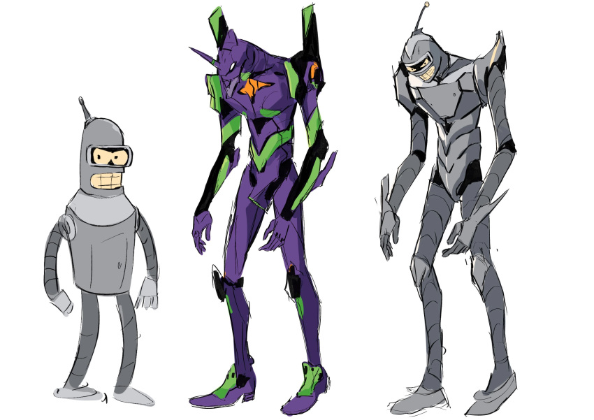absurdres, animification, bender_bending_rodriguez, eva_01, futurama, highres, horns, mecha